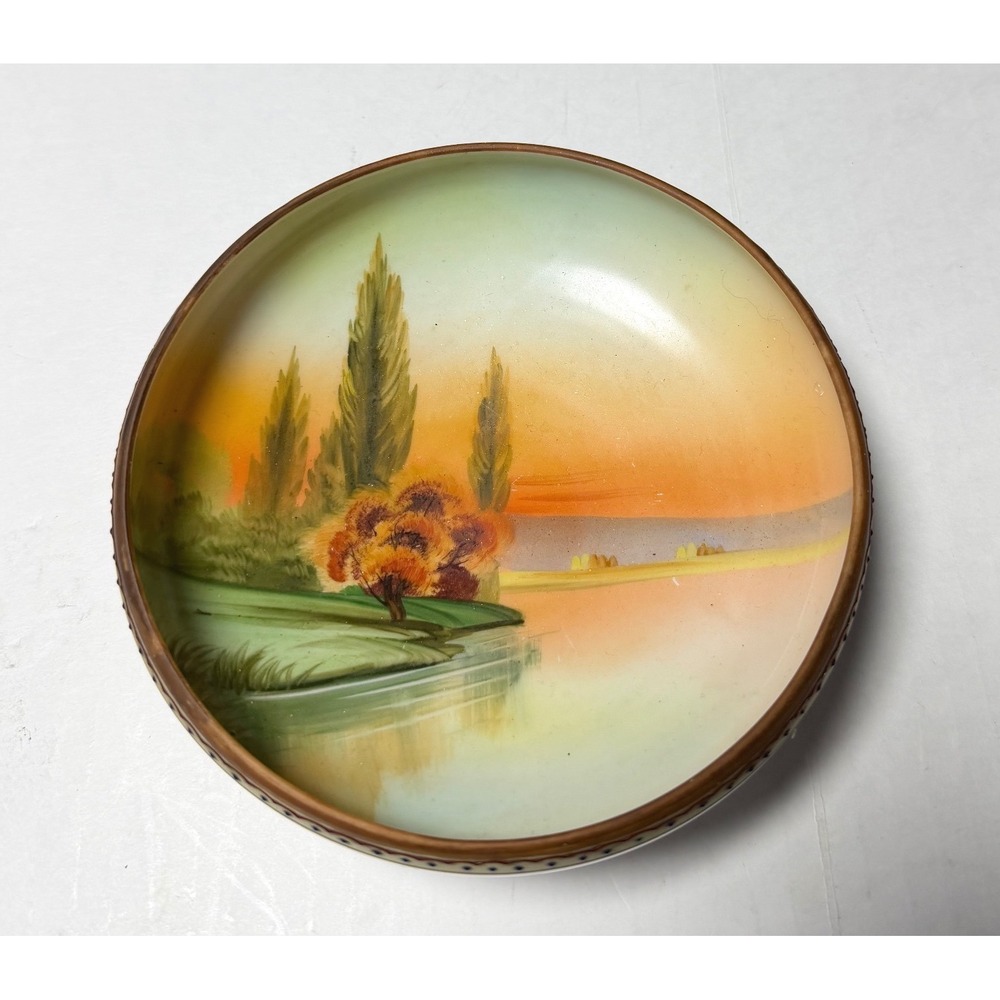 Antique Nippon Hand Painted Porcelain Footed Bowl Sunset Landscape Moriage 6.25"